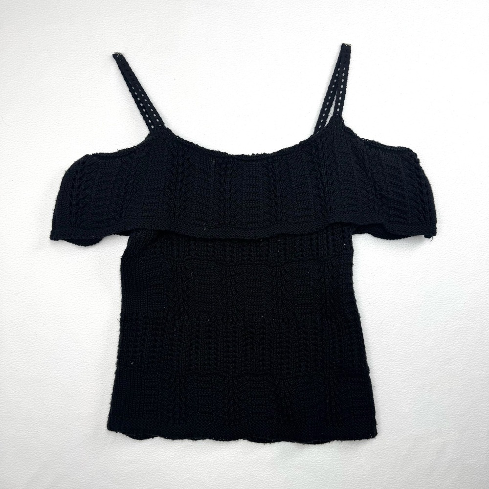 Topshop Womens Black Knit Cold Shoulder Ruffle Pointelle Bardot Top Size 6